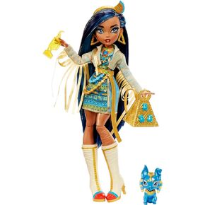 Monster High Cleo De Nile Fashion Doll with Blue Streaked Hair, Signature Look, Accessories & Pet Dog