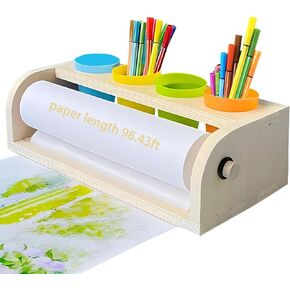 Wooden Tabletop Paper Roll Dispenser with Paper Roll 11.4inx98.4ft and Pencil Cups Craft Paper Roll Holder Art Paper Roll Dispenser for Kids Desktop Easel for Drawing