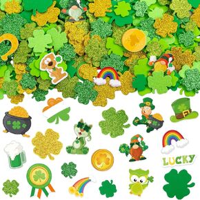 St. Patrick’s Day Foam Stickers for Kids 300PCS Shamrock Clover Glitter Stickers Green Gold Irish Craft Stickers St. Patrick’s Day Party Favors Decorations