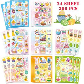 Bigqin 24 Sheets Easter Stickers for Children Kids Fun Decorative Sticker,Cute Animal Stickers with Bunny Eggs for Decorative Delights,306pcs