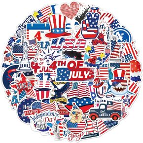 YQUQWN 4th of July Stickers, Pack of 50, Patriotic Decorations for Kids & Adults, Waterproof Vinyl Decals for Laptop, Bike, Car, etc., Multi Color, Outdoor Use