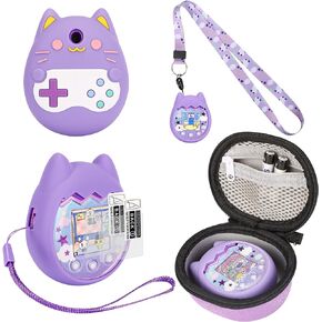 Carrying Case and Silicone Cover Compatible with Tamagotchi Pix Virtual Pet Game Machine, (5-in-1) Silicone Cover for Tamagotchi Pix, with Finger Lanyard and Screen Protector (Purple)