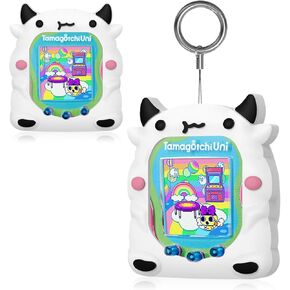 BEARDDO Silicone Case Compatible with Tamagotchi Uni Case, Cute Cartoon White Cow Virtual Pet Game Machine Protector Cover for Tamagotchi Uni Accessories with Ring Lanyard (White Cow)