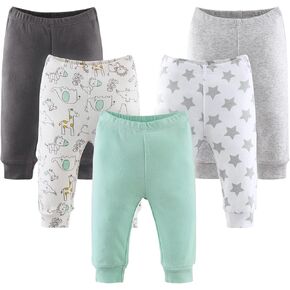The Peanutshell Baby Pants 5 Pack Set for Boys or Girls | Newborn to 24 Month Sizes | Black, Grey, Light Green, Safari, Stars
