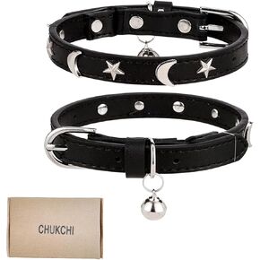 CHUKCHI Leather Cat Collars for Boy Girl Cats with Bell and Safety Elastic Belt, Personalized Star and Moon Stud Adjustable Safe Buckle Collar for Kitty Small Big Cats Size 8-12 InchRose (Black) in Kuwait