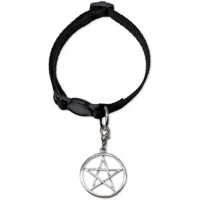 Black Cat Collar with Wiccan Pagan Pentacle Silver Finish On Safety Breakaway Collar Adjustable Neck Size 8 to 12 Inches