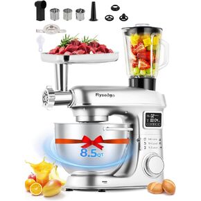 Stand Mixer 8-IN-1 8.5 Qt Multifunctional Fermentation Electric Kitchen Mixer 6 Speed Tilt-Head with Stainless Steel Bowl, 1.5L Glass Jar, Meat Grinder, Dough Hook, Whisk, Pasta Attachment