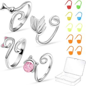 4PCS Adjustable Knitting Crochet Ring, Open Guide Yarn Guide Crochet Tension Ring for Faster Knitting, Women's Knitting Crochet Accessories with Box/(Cat/Swan Style)