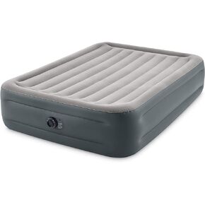 INTEX Dura-Beam Plus Essential Rest Air Mattress Fiber-Tech Queen Size Built-in Electric Pump, 18in Bed Height, 600lb Weight Capacity, Grey