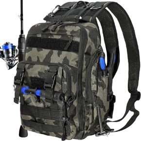Fishing Backpack Tackle Storage Bag Fishing Gear and Equipment with Rod Holder Shoulder Sling Bag for Outdoor Fishing, Hunting, Hiking (Black and Brown)