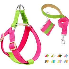 No Pull Dog Harness and Leash Set, Step in Dog Halter Harness with Poop Bag Holder, Adjustable Lightweight Cotton Straps Suitable for Small Medium Large Dogs Outdoor Walking Running Hiking