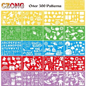 CZONG 21 Pieces Drawing Stencils Set for Kids Over 300 Different Patterns to Draw Imaginative Children's Stories, Washable Craft/Random Colors Journal Stencil with 1 Storage Bag