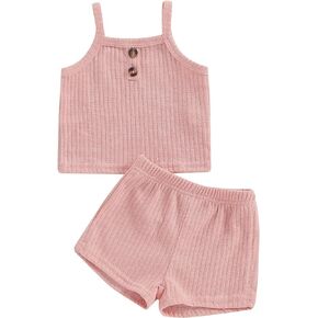 Toddler Baby Girl Summer Clothes Ribbed Sleeveless Button Front Cami Tops and Shorts Infant Outfits Set