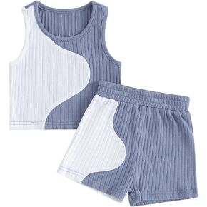 2Pcs Toddler Baby Girl Boy Outfits Patchwork Knitted Sleeveless T-Shirt Tank Tops Shorts Pants Set Summer Clothes