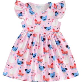 Toddler Baby Girls Farm Outfit Rustic Chicken Print Twirly Dress Ruffle Flutter Sleeve Chick A-Line Dress