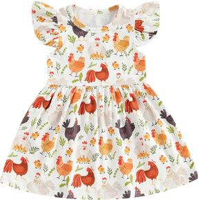 Toddler Baby Girls Farm Outfit Rustic Chicken Print Twirly Dress Ruffle Flutter Sleeve Chick A-Line Dress