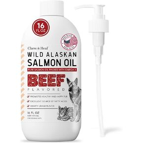 Pure Wild Alaskan Salmon Oil for Dogs - 16 oz. Beef Flavored Salmon Oil - Pump Cap Bottle - Contains Omega-3 and 6, EPA, and DHA for Healthy Skin and Coat - Toxin Free