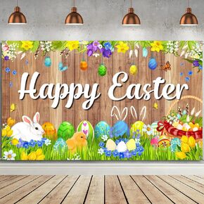 Happy Easter Decorations Easter Backdrops Photography Banner Bunny Grassland Rustic Wood Background Eggs Banner for Jesus Easter Spring Party Decorations, 70.8 x 43.3 Inch