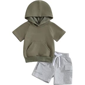 WZTYYDS Baby Boys Clothes 6 12 18 24 Months Hooded Short Sleeve Tops and Pockets Elastic Waist Shorts Toddler Summer Outfits