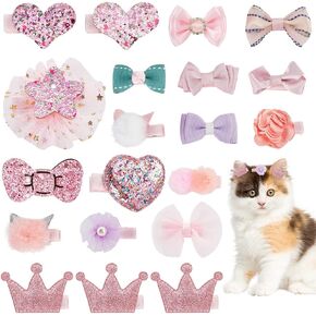 WEBEEDY 20 Pcs Mixed Styles Small Dog Pink Hair Clips Cat Puppy Pet Hair Bows Hair Barrettes Crown Hairpin Party Birthday Grooming Hair Accessorie