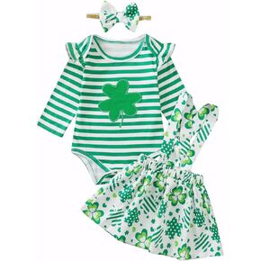 Baby Girl St. Patrick's Day Outfits Toddler Shamrocks Outfit Girl Lucky Clover Suspender Clothes Set