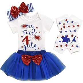 Xfglck Newborn Baby Girl 4th of July Outfits Short Sleeve Romper +Tutu Tulle Skirt + Headband Leg Warmer Independence Day Set