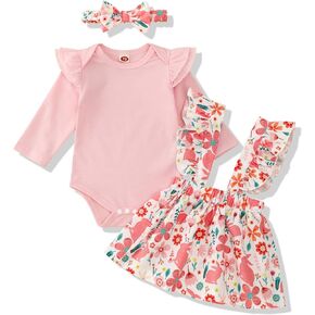 TUEMOS Easter Outfit Baby Girl Cute Romper Tops Bunny Suspender Skirt with Headband My First Easter Baby Girl Outfit
