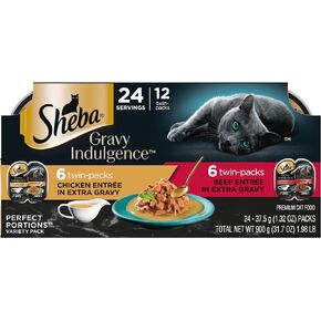 Sheba Gravy Indulgence Adult Wet Cat Food (24 Count, 48 Servings), Beef Entrée in Extra Gravy and Chicken Entrée in Extra Gravy Variety Pack, Easy Peel Twin-Pack Trays