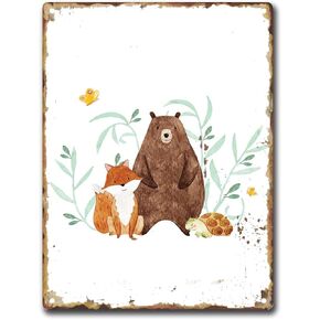 AXCISXK Tin Sign Bear Fox Print Animal Art Watercolour Woodland Illustration Nursery Decor Nursery Wall Art Kids Room Play Room Jungle Animal Retro Vintage Metal Tin Sign Wall Plaque Poster 12x16inch