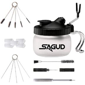 SAGUD 19 Piece Airbrush Cleaning Kit, Glass Airbrush Cleaning Pot with Holder, 5 Cleaning Brushes, 5 Cleaning Needles, 1 Washing Needle, 1 Repair Tool, Air Brush Protection Covers.