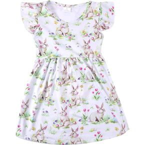 Toddler Girls Easter Dress Bunny Rabbit Easter Eggs Print Dresses Flutter Sleeve Clothes 3-8Y