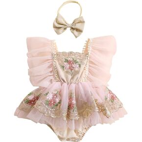 BULINGNA Baby Girl Summer Lace Tutu Romper Dress with Headband Flutter Sleeve Floral Lace Embroidery Skirt Princess Sundress