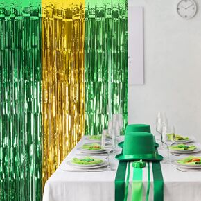 LOLStar St. Patrick's Day Foil Fringe Curtain St Patrick's Day Party Decorations, 3.3 x 6.6 ft Green Gold and Light Green Tinsel Photo Booth Prop, Streamer Backdrop for Irish Themed Decoration