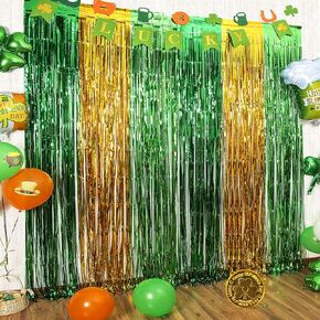 LOLStar St. Patrick's Day Foil Fringe Curtain St Patrick's Day Party Decorations, 3.3 x 6.6 ft Green Gold and Light Green Tinsel Photo Booth Prop, Streamer Backdrop for Irish Themed Decoration