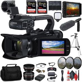 Canon XA65 Professional UHD 4K Camcorder (5732C002) + 4K Monitor + Pro Mic + 2 x 64GB Card + 2 x BP828 Battery + BP820 Charger + Filter Kit + Pro Tripod + Bag + LED Light + More (Renewed)