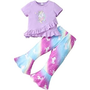 puseky Toddler Baby Girl Clothes Bell Bottoms Outfit Ruffle Shirt Tops and Floral Flared Pant Set Little Girls Outfits Set