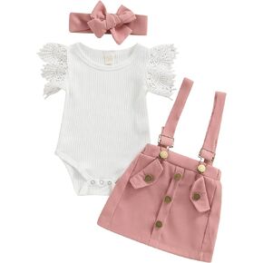 CIYCUIT 3Pcs Toddler Baby Girl Easter Outfit - Ruffle Romper, Suspender Skirt, and Headband Set for Spring and Summer
