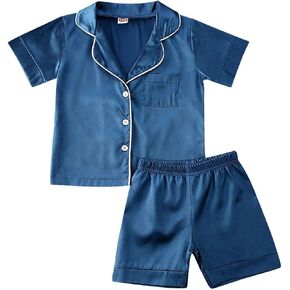 Toddler Baby Kids Satin Summer Pajamas Set Short Sleeve Button-Down Pajamas Top Pants 2Pcs Loungwear Sleepwear Pjs in Kuwait