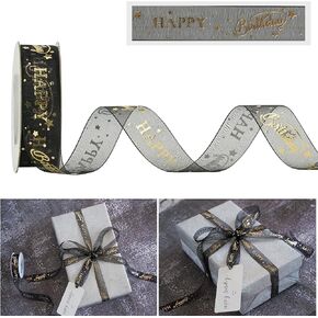 HUIHUANG Happy Birthday Ribbon Roll Gold Print Black Sheer Ribbon Gift Box Ribbon Party Decoration Gift Wrapping Organza Ribbon, Birthday Cake Ribbon (3/4 inch x 20 Yards)