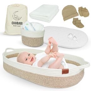 Baby Changing Basket & Diaper Caddy Set - Stylish Diaper Changing Station for Dresser - Natural Cotton Rope Moses Basket - Nursery Decor - 2 Waterproof Covers, Blanket, and Diaper Changing Set OHHBABI