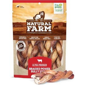 Natural Farm Braided Power Bully Sticks Dog Chews (6", 5-Pack), 2-in-1 Power Chews: Premium Beef Cheek Wrapped in Beef Pizzle, Braided Together for a Very Long Lasting Chew, Great for Medium Dogs