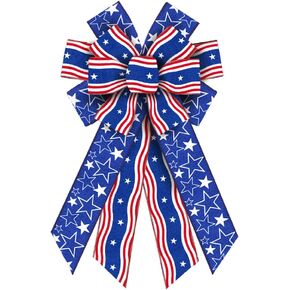 Hying Large 4th of July Bows for Wreath, Patriotic Wreath Bows American Stars Bows Red Blue Stripe Burlap Bows July 4th Tree Topper Bows for Front Door Memorial Day Patriotic Decorations Supplies