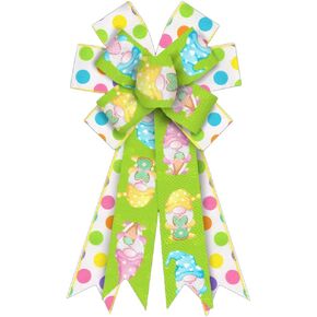 Large Spring Wreath Bows, Yellow Stripe Bows for Wreath Colorful Dot Wreath Bows Easter Bows for Front Door White Yellow Easter Tree Bows for Indoor Outdoor Decor