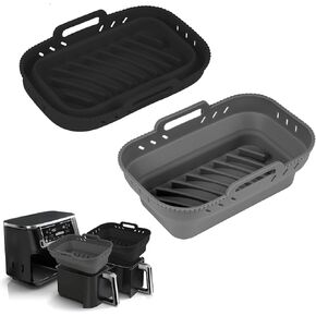 Air Fryer Silicone Liners, Collapsible Airfryer Liner, Reusable Rectangle Heat Resistant Basket, Non-Stick Baking Trays for Air Fryers, 2 Pack (Grey+Blue)