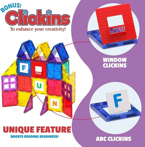 مجموعة بناء البلاط المغناطيسي من Playmags: Clickins التعليمية الحصرية 36 قطعة. المجموعة: 18 بلاطًا مغناطيسيًا قويًا للغاية وواضحًا للنوافذ و18 حرفًا وأرقامًا تحفز الإبداع وتنمية الدماغ in Kuwait