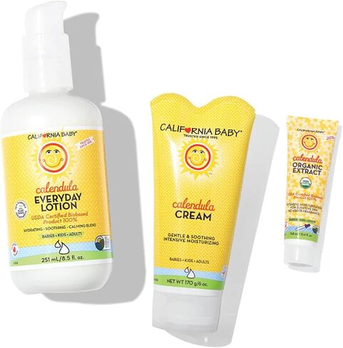 مجموعة الترطيب المكثف من كاليفورنيا بيبي آذريون | لوشن آذريون 8.5 أونصة + كريم آذريون 6 أونصة + 0.4 أونصة زيت آذريون عضوي | نباتي 100% | مناسب للحساسية | يهدئ البشرة الجافة والمتهيجة in Kuwait