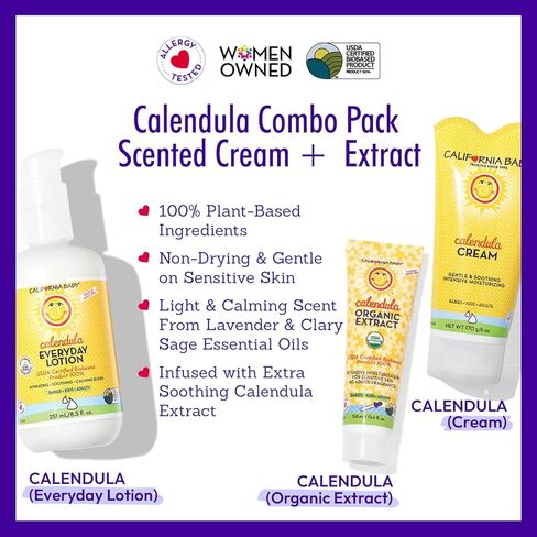 مجموعة الترطيب المكثف من كاليفورنيا بيبي آذريون | لوشن آذريون 8.5 أونصة + كريم آذريون 6 أونصة + 0.4 أونصة زيت آذريون عضوي | نباتي 100% | مناسب للحساسية | يهدئ البشرة الجافة والمتهيجة in Kuwait