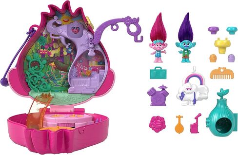 Polly Pocket Trolls Compact Playset, Poppy & Branch Micro Dolls, 13 Accessories, Poppy Exterior with Soft Hair, Collectible Toy in Kuwait