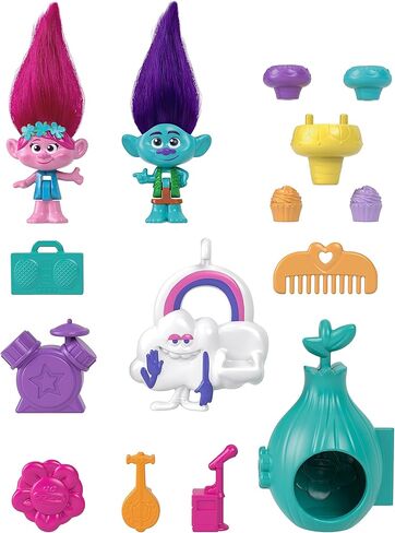 Polly Pocket Trolls Compact Playset, Poppy & Branch Micro Dolls, 13 Accessories, Poppy Exterior with Soft Hair, Collectible Toy in Kuwait