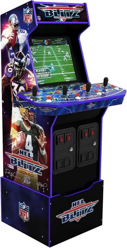 آلة Arcade1Up NFL Blitz Legends Arcade - 4 لاعبين، لعبة وقوف كاملة الحجم بطول 5 أقدام للمنزل مع شبكة WiFi للاعبين المتعددين عبر الإنترنت ولوحات المتصدرين وسرادق مضيء ومقعد حانة يحمل شعار NFL Blitz in Kuwait